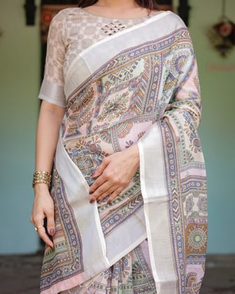 Cream and Pastel Multicolour Printed Pure Cotton Linen Saree with Blouse and Tassels on Edges-Regular