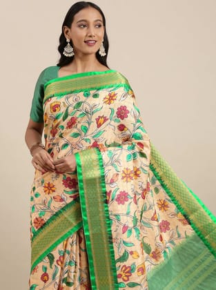 Yavira silk Women's Green Printed Silk Blend Saree