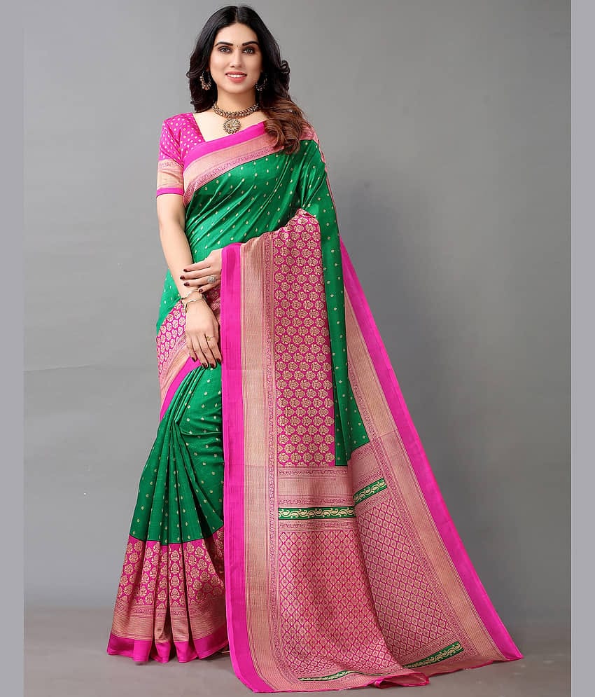 Samah Silk Printed Saree With Unstitched Blouse Piece ( Green )