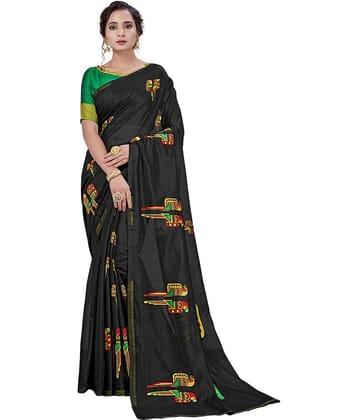 Sariya Silk Blend Printed Saree With Unstitched Blouse Piece ( Black )