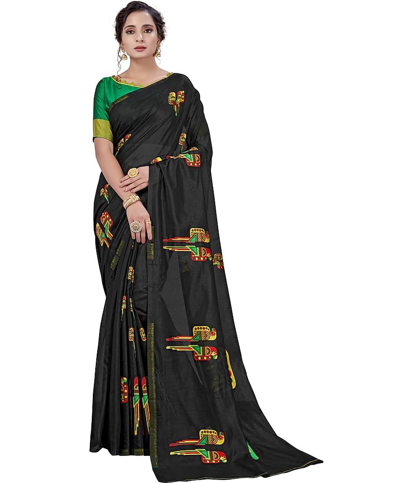 Sariya Silk Blend Printed Saree With Unstitched Blouse Piece ( Black )