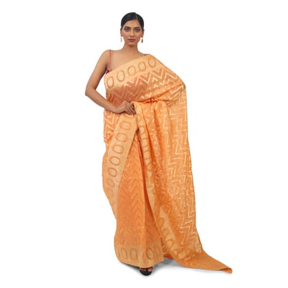 TheHangr Orange Organza Saree With Zig-Zag Print