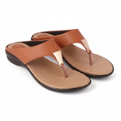 Tan Faux Leather T-Strap Flat Sandals with Metallic Detail