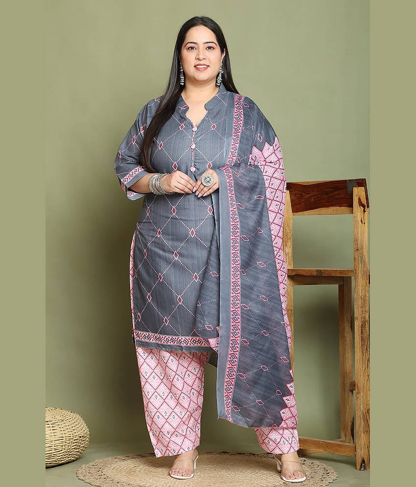 Rajnandini Cotton Blend Checks Kurti With Palazzo Women's Stitched Salwar Suit - Grey ( Pack of 1 )