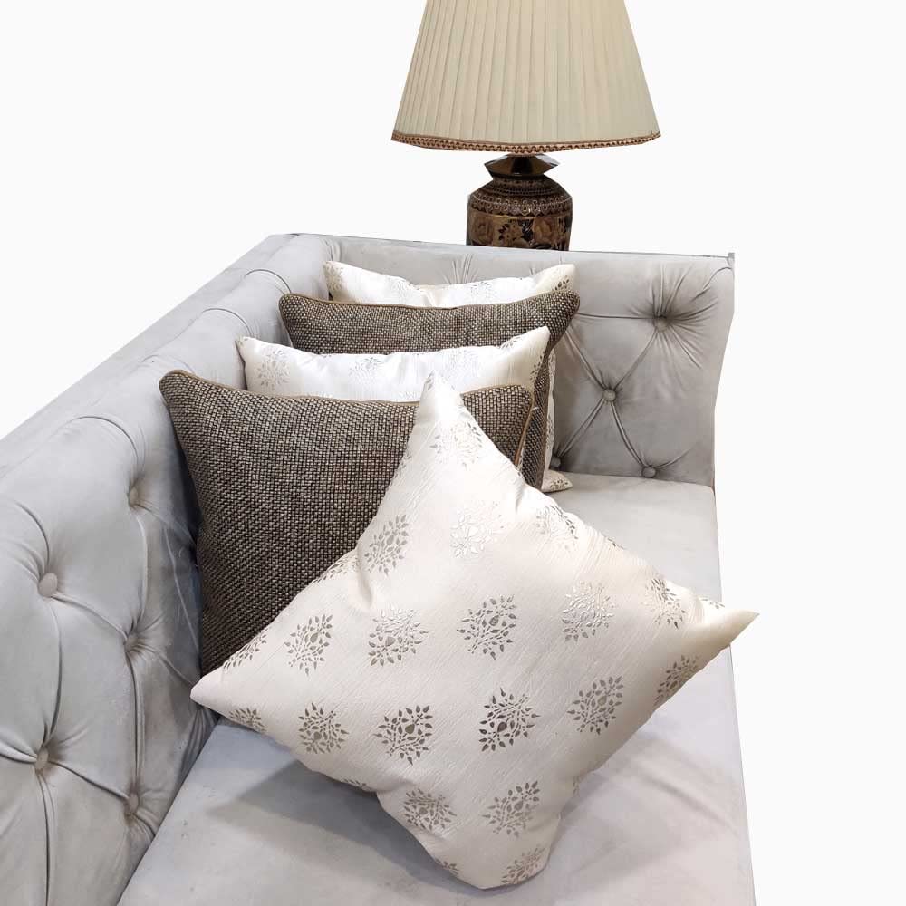 GOODVIBES Polyester Cream Silver Brown Floral Foil Printed Combo Square Cushion Covers (40 cm*40cm, 16 x 16 inch) Pack of 5