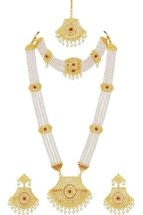 Traditional Bridal Jewellery Set, Gold Plated with Pearls and Red Stones, Long Necklace with Earrings and Maang Tikka