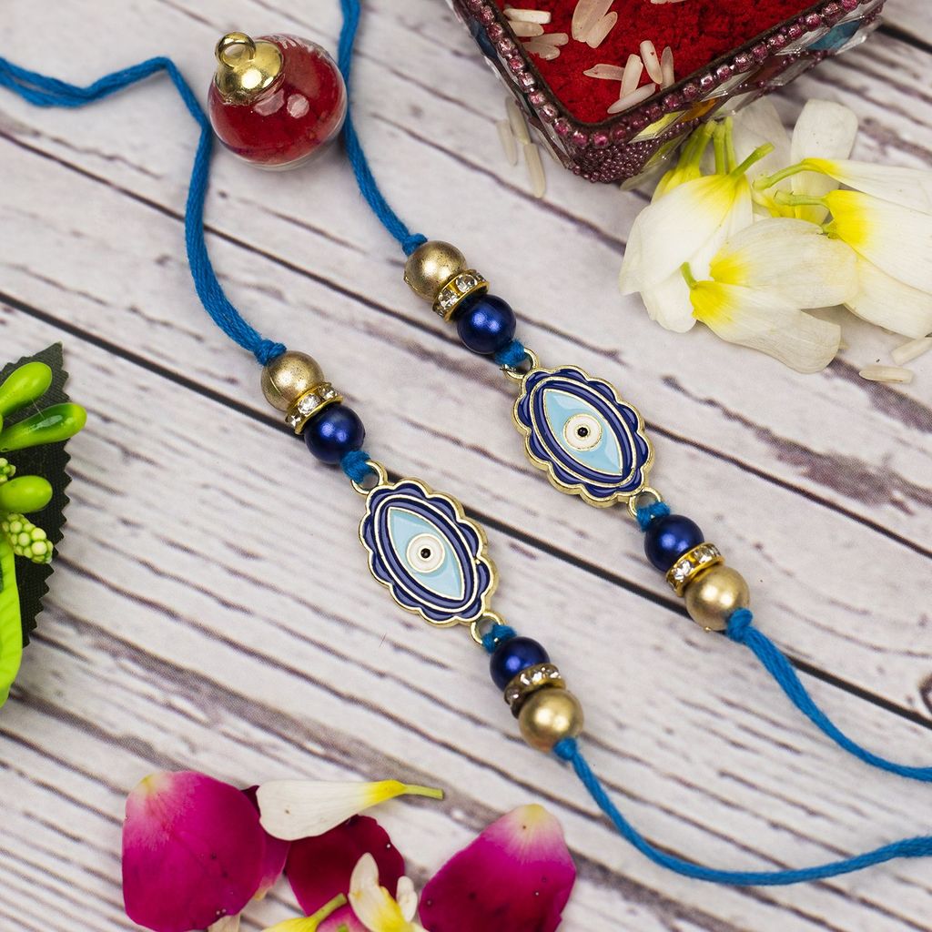 Craftlayout Blue Evil Eye Set Of 2 Handmade Thread Designer Rakhi For Brother