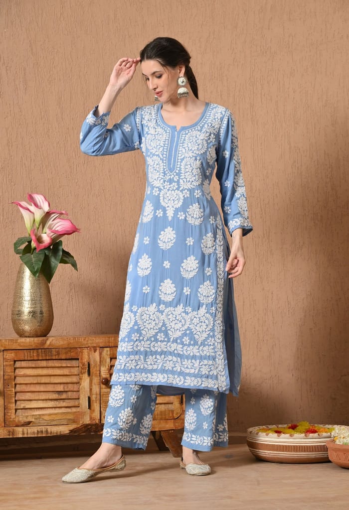 Hand Embroidered Chikankari Modal Plazo Set with 3D Work – Ethnic Wear Powder Blue