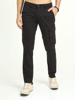 Men's Stretchable Slim Fit Solid Cargo | Rick Rogue-30 / Black