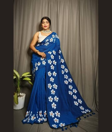 SARADA HANDLOOM Cotton Printed Saree With Unstitched Blouse Piece ( Blue )