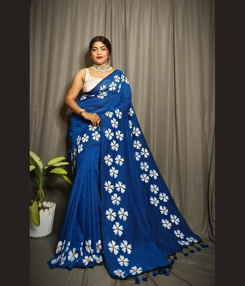 SARADA HANDLOOM Cotton Printed Saree With Unstitched Blouse Piece ( Blue )