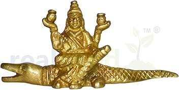 REAL SEED Goddess Narmada Ji Statue - Maa Narmada - Rewa with Fine Carving Made in Brass Metal (Height 4.5 Cm x Width 9.2 Cm x Depth 2.6 Cm)