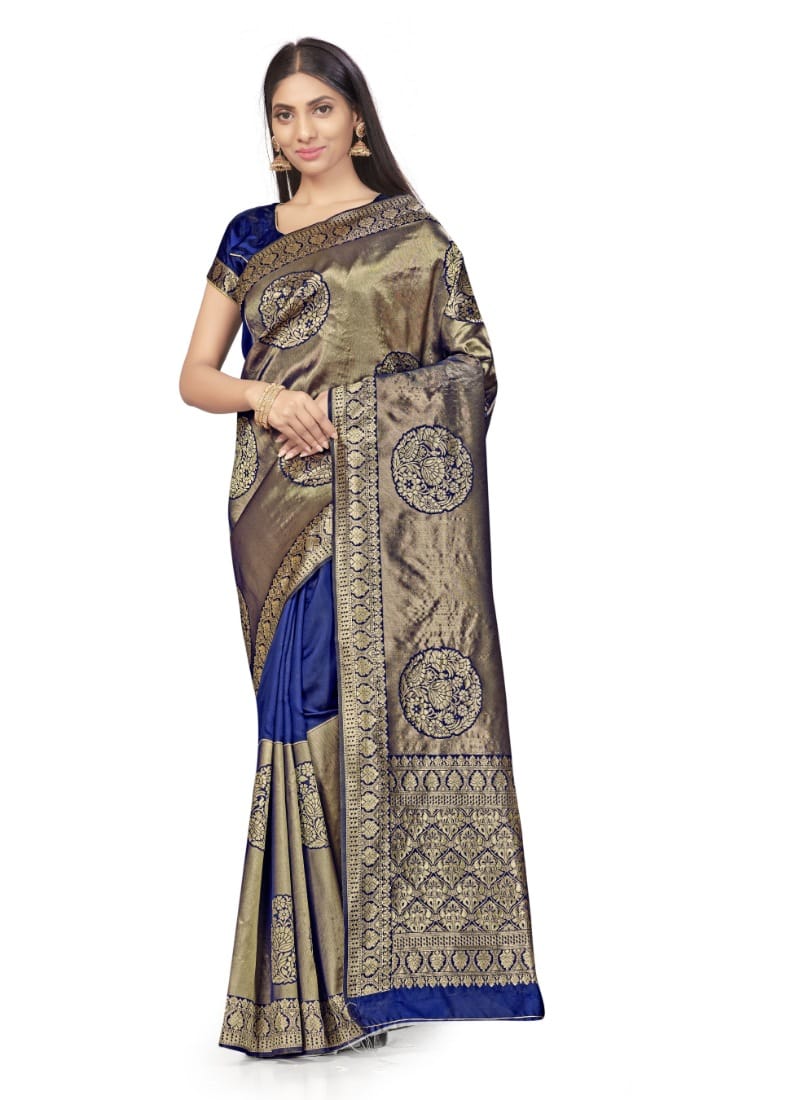 Generic Women's Banarasi Silk Saree (Navy Blue,5-6  Mtr)