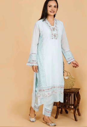 Sufiana Sky Blue Embroidered Pakistani Suit 3 Piece Set for Women in Premium Georgette