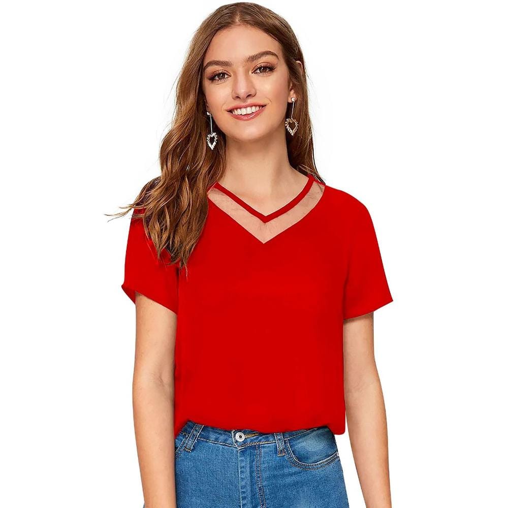 Women's Polyester, Knitting Western Wear T Shirt XL (Red)
