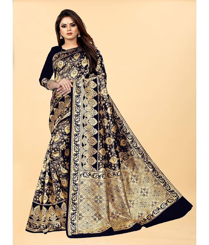 Gazal Fashions Banarasi Silk Embellished Saree With Unstitched Blouse Piece ( Black )