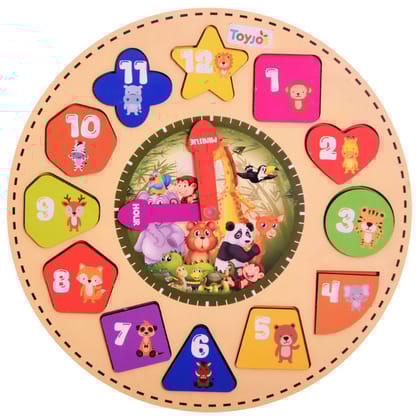 Toyjos Kids Wooden Time Learning Analog Clock | Animal-Themed Montessori Early Educational Digital Number, Shape Sorter, Color Recognition Toys | Puzzle Game Gifts for Baby, Boys, Girls (Age 3+ Years)