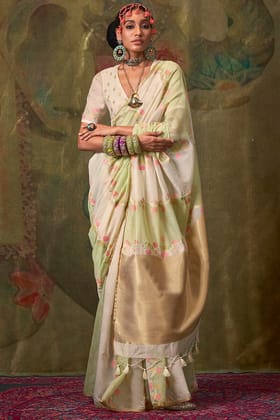 Beige and Pista Pure Spun Cotton Rangkat Silk Saree