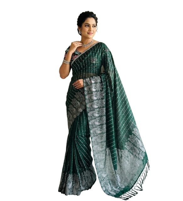 Generic Women's Georgette Striped Saree with Unstitched Blouse Piece, Soft Lightweight 5.5 m Sari for Daily, Office and Casual Wear (Dark Green, Design 67595)