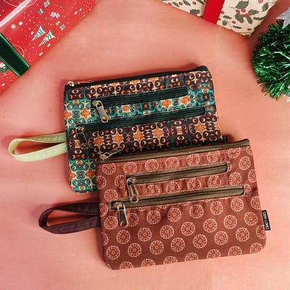 Multi-Purpose Pouch Combo-Green Knot-Orange Madhubani Flower