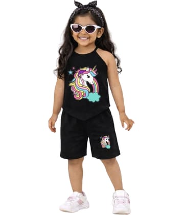 CRAZYON Pack of 1 Girls 100% Cotton T-shirt & Shorts ( Black )