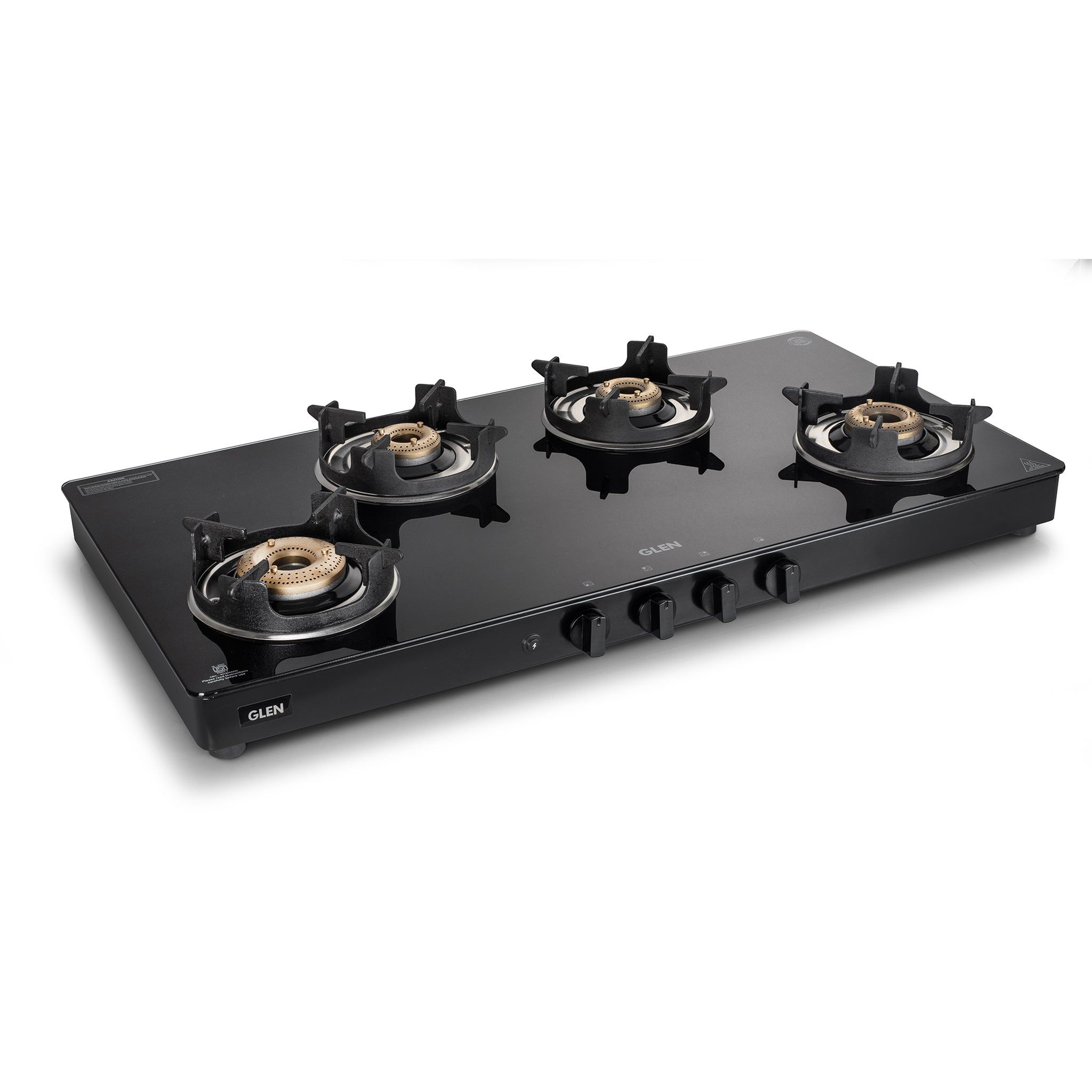 4 Burner Glass Gas Stove with High Flame Brass Burner and Crown Pan Supports (CT1044GTBBBLHFCP) - Manual/Auto Ignition