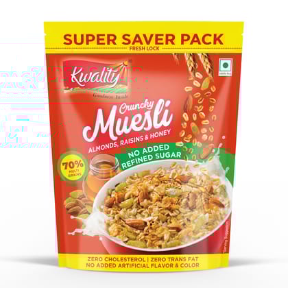 Kwality Crunchy Muesli Almonds, Raisins and Honey Pouch, Super Saver Pack (700 g)