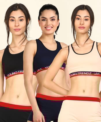Womens Non Padded  Love Elastic Combo Sports Bra-30 / Black Navy Peach