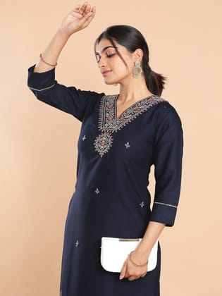Kalyan Silks Navy Blue Kurti Top with Golden Color Butta Work