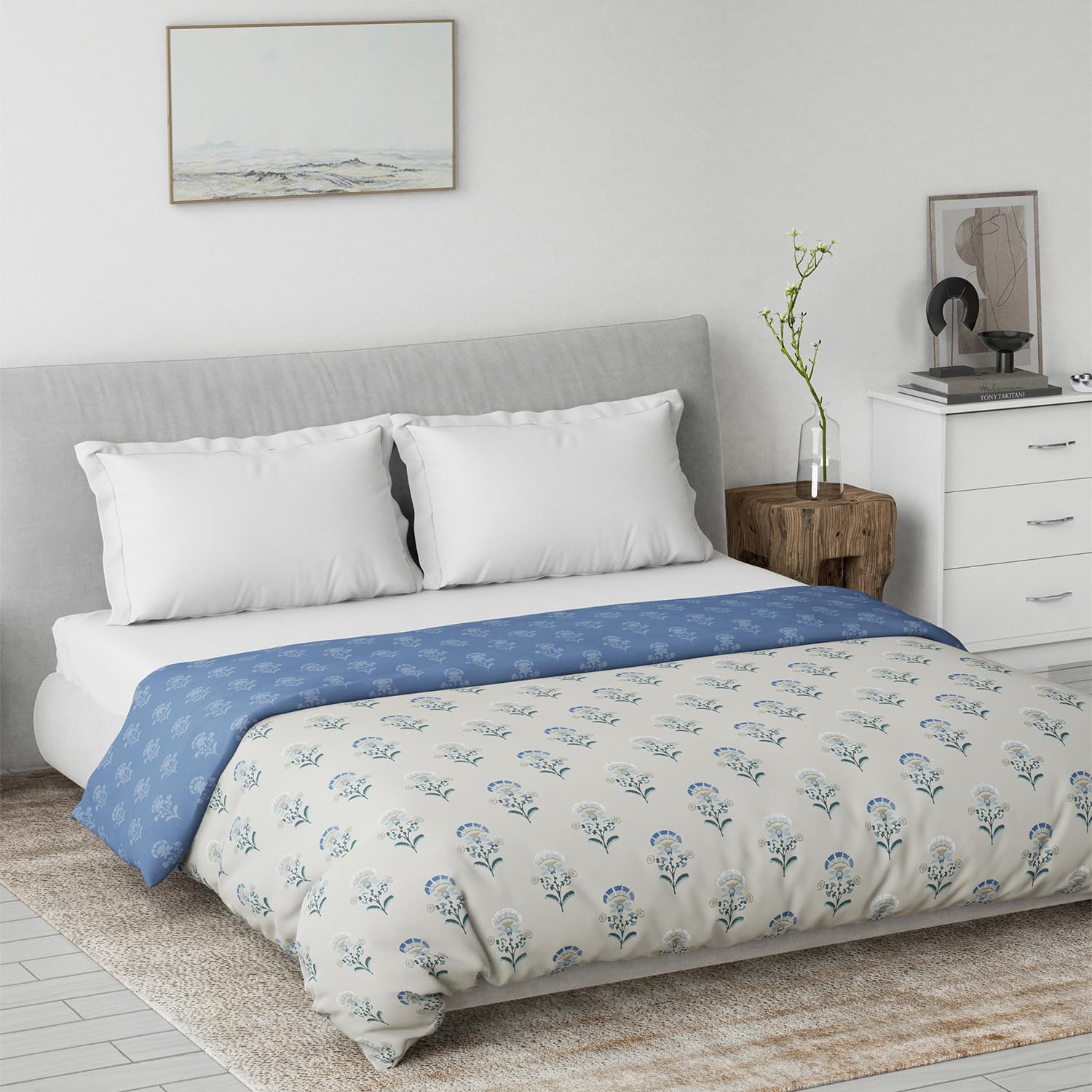 DDECOR Live beautiful Cotton Skin Friendly Ethnic 80 GSM Summer Reversible Double Dohar | 2.28M X 2.54M - Blue