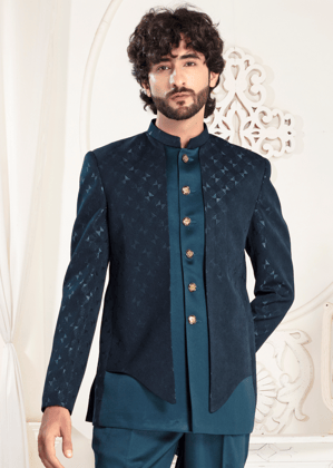 Teal Blue Jacquard Jodhpuri Suit