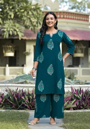 Teal Blue Hand Block Co-ord Set-S