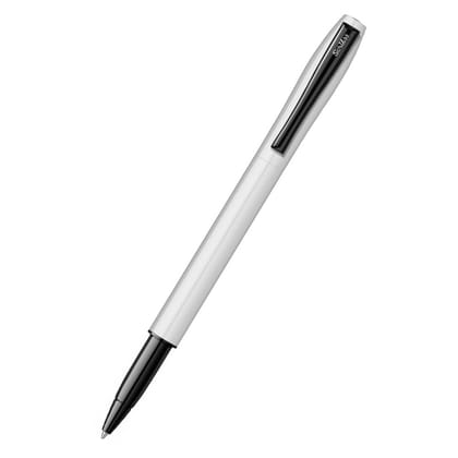 Scrikss Carnival 0.7mm Roller Ball Point Pen - Glossy White Stainless Steel Barrel - Cap, Layered With Epoxy Paint, Stainless Steel Clip With Glossy Black Lacquer, ABS Black Grip