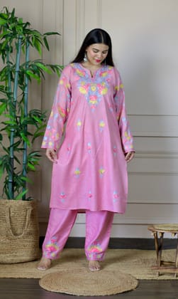 Light Pink Aari Embroidered Cotton Co-ord Set-S