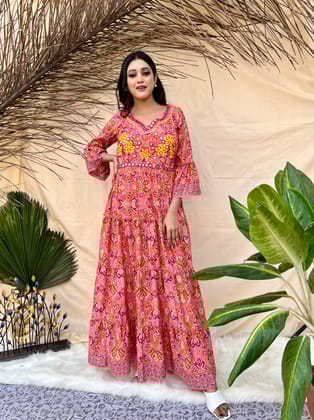 Peach Embroidered Boho Maxi Dress-L