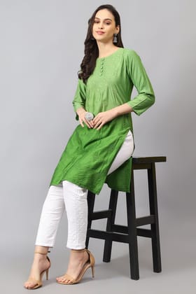 The Chikankari Story: Pure Chanderi Embroidery Kurti - Exquisite Fine Embroidery in Ombre Shades of Red, Blue, and Green - Top Selling Elegant Women's Top-Green / XS