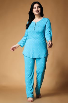Anchor All Over Printed Night Suit Set with Long Sleeves-Blue-L / L / Blue