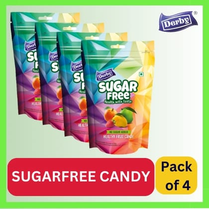 Derby Sugar Free Healthy Fruit & Mint Candy, No Sugar Added, Assorted Flavours (Mint, Mango, Strawberry, Kacha Kairy, Orange) Pack of 4 each pack 80gm