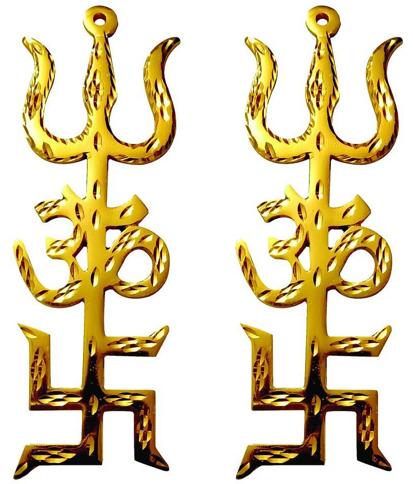 Combo of 2 Swastik Om Trishul Trishakti Yantra Brass with Dimand Cutting (Gold Plated) 6" for Vastu, Home, Pooja, Car, Showpiece, Wall Hanging & Gift