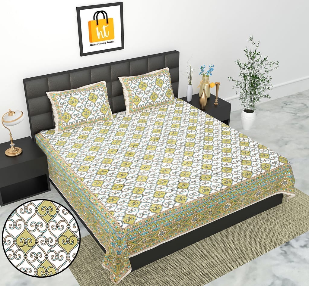 3001-Hometrade India-Standard King Size (90*108 Inches)-Pure Cotton Jaipuri Double Bedsheet With Matching Pillow Cover