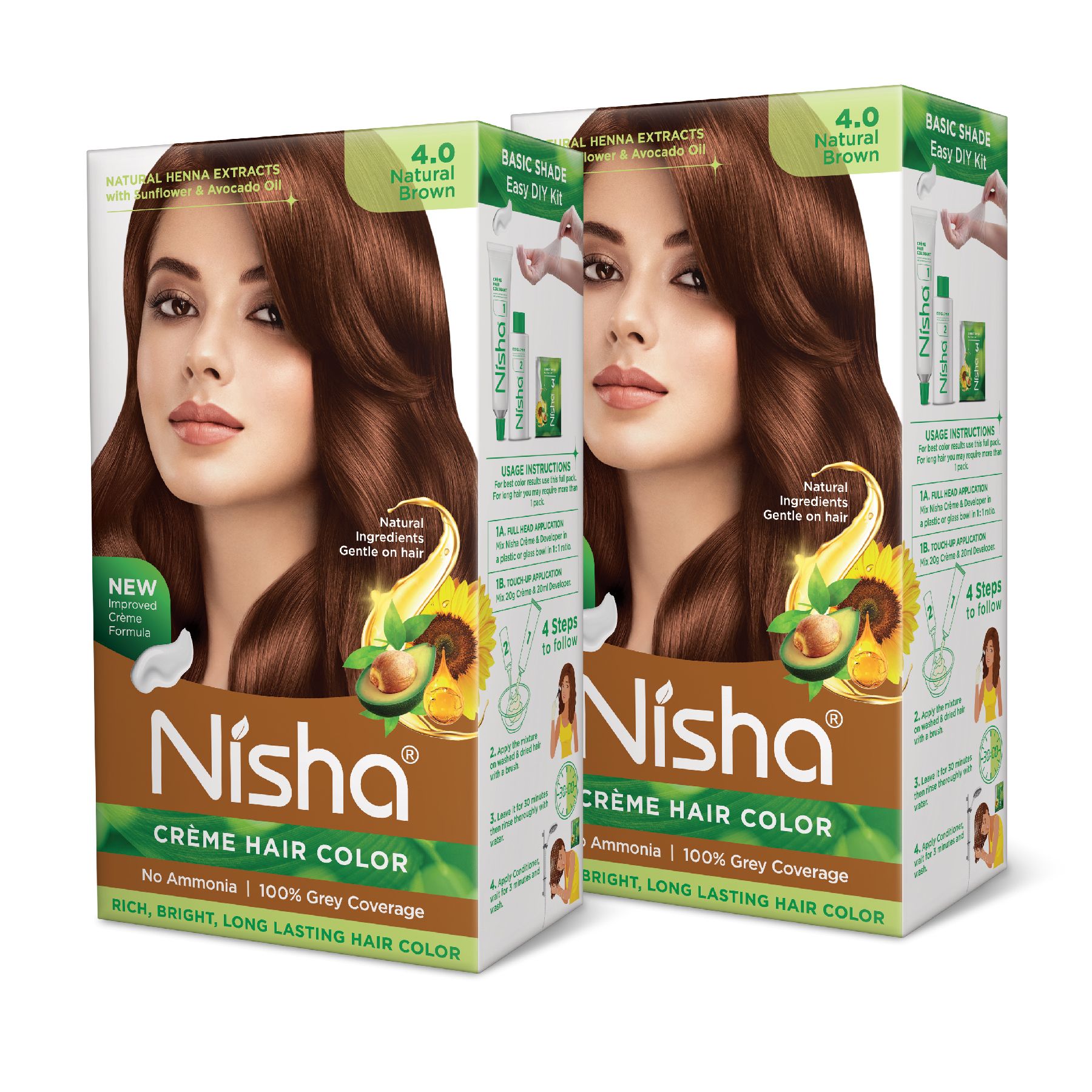 Nisha Creme Hair Color 4.0 Natural Brown 120g Pack of 2, Permanent Hair Colour, No Ammonia, 100% Grey Coverage