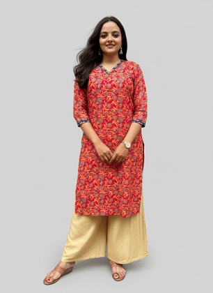 Rivaaj Ethnic Ganga Straight Kurta (Size M) | Red Pure Cotton Fabric | V-Neck with 3/4 Sleeves | Festive & Regular Wear