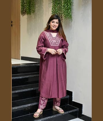 Mahek Fashion Women Silk Blend Embroidered A-line Kurti With Pants ( Brown )