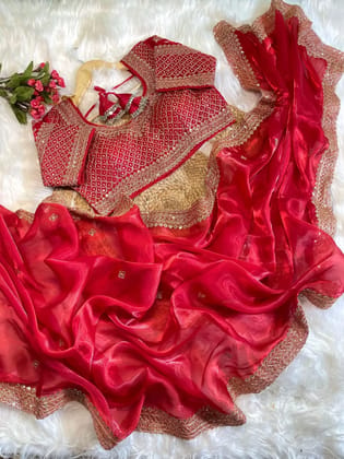 Pure soft zimmy choo silk saree with beautiful embroidery 3 mm sequence work heavy borders nd buttis in all over saree with aarcoPaired with Fully Stiched Full embroidery work heavy blouse on running fabrics Can be upto 42 "