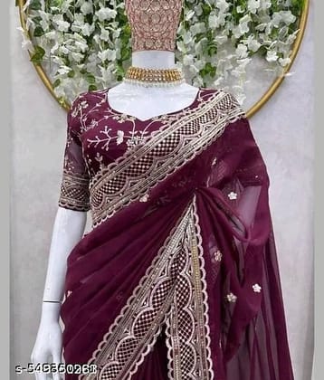 Shivadit ethnic Georgette Embroidered Regular Saree With Unstitched Blouse Piece ( Wine )