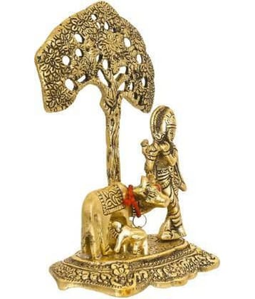 Fashion Bizz Golden Metal Krishna With Cow Calf Standing Under Tree - 16.5 cm