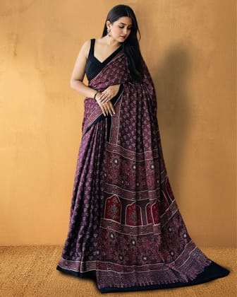 Heritage Hues  Soft Modal Silk Ajrakh Saree Maroon