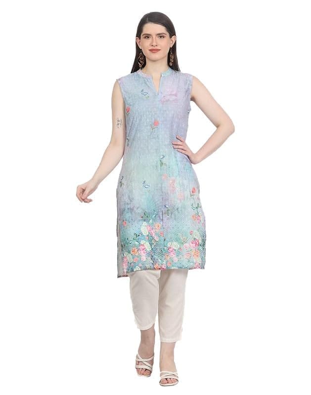 Women's Casual Sleeveless Cotton Blend Printed Kurti (Green, S)-PID46402