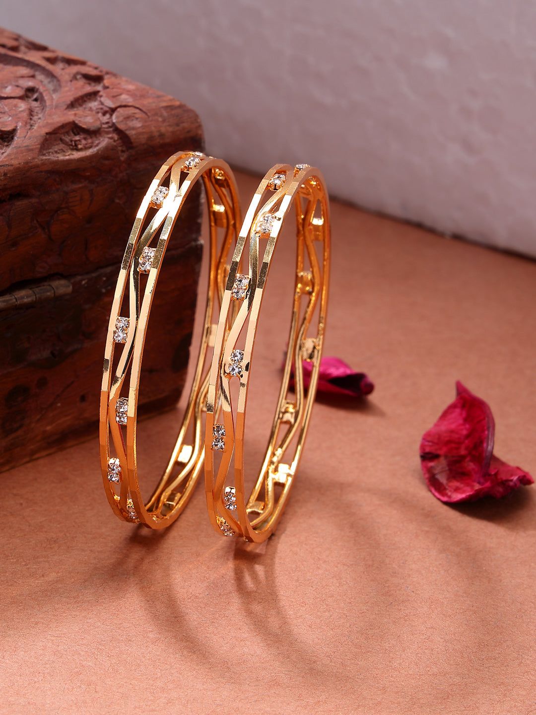 NVR Women's Set of 2 Gold-Plated Cubic Zirconia Stone Studded Bangles-2.4 / Gold / Alloy