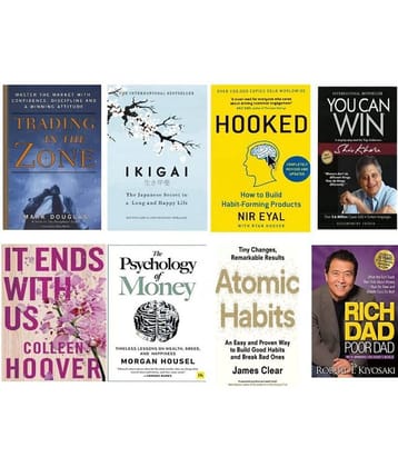 ( Combo of 8 books ) Treading zone + ikigai + Hooked + You can win + it ends + Psychology of money + Atomic habit + Rich dad poor dad